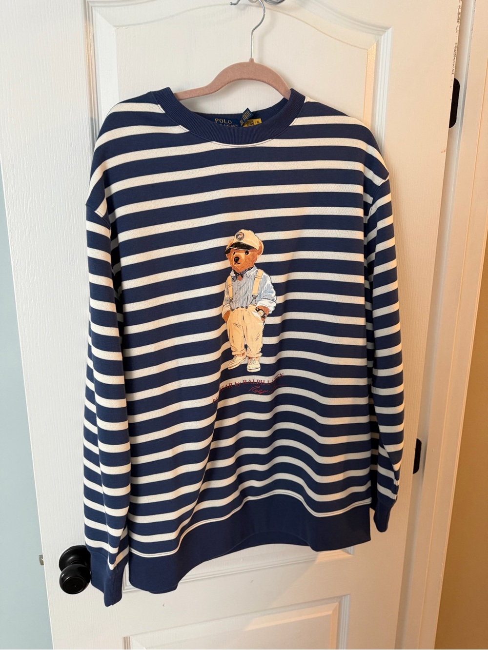 Polo by Ralph Lauren Navy & White Striped Crewneck with Embroidered Polo Bear